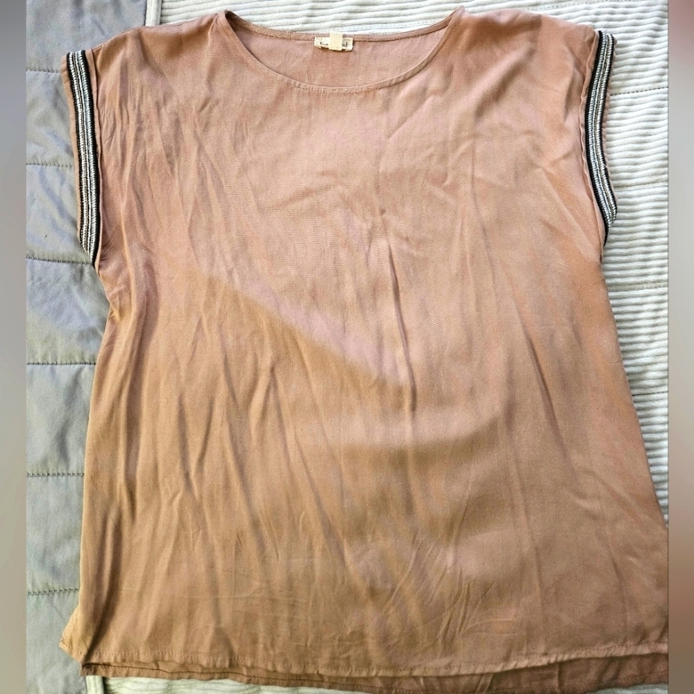 Hem & Thread By Anthropologie Women's Tan Top with Black Bead Accents. Size S